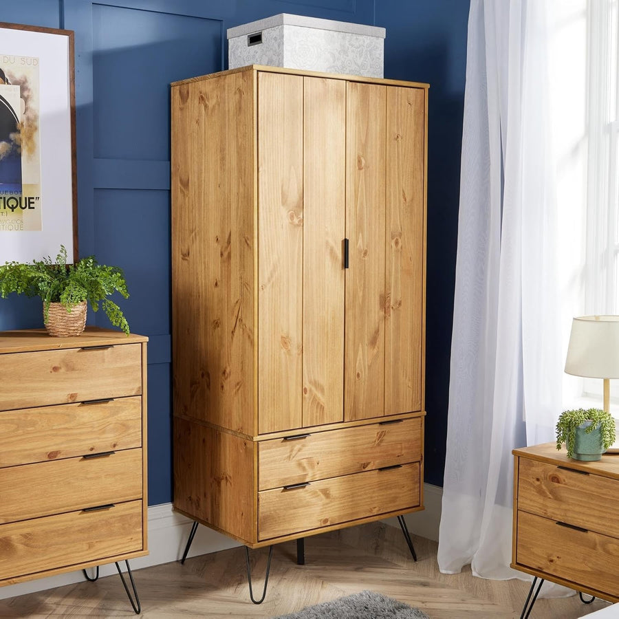 Wardrobe Cabinet with Drawers & Hanging Rail, Pine Wood Storage Unit