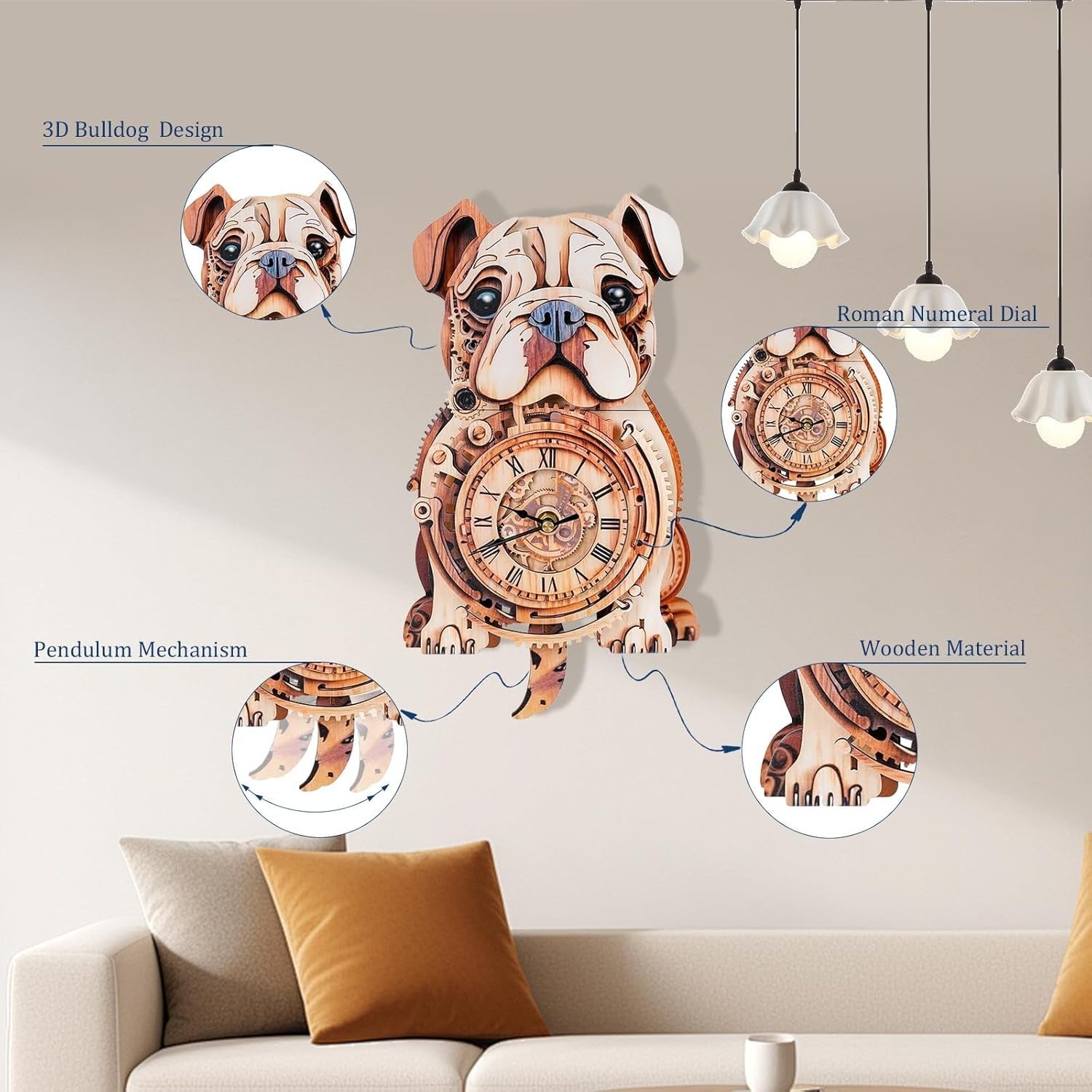 3D Wooden Bulldog Puzzle Clock Kit – Mechanical, Functional, Home Decor