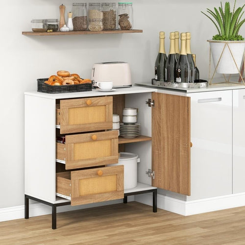 Rattan Sideboard Cabinet with Drawers & Door Boho Farmhouse Storage Unit