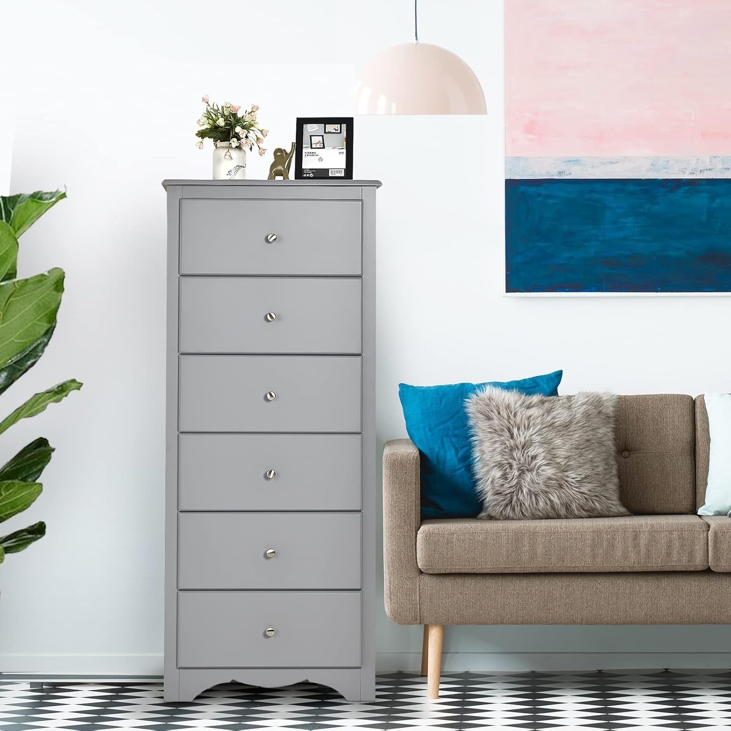 6-Drawer Tall Narrow Dresser Cabinet for Bedroom Storage Organizer Grey