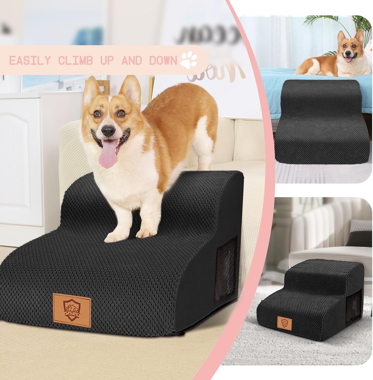 Premium 2‑Step Foam Dog Stairs & Ramp for Bed Sofa – Non‑Slip, Washable Cover