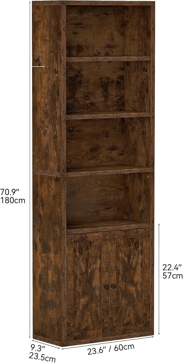 Tall Rustic Brown Bookcase | 5-Tier Storage Shelf with Doors for Living Room