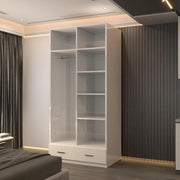 90cm High Gloss Mirrored Wardrobe with Shelves, Rail & Drawer - Modern