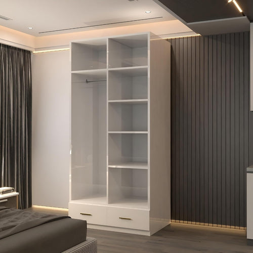 90cm High Gloss Mirrored Wardrobe with Shelves, Rail & Drawer - Modern
