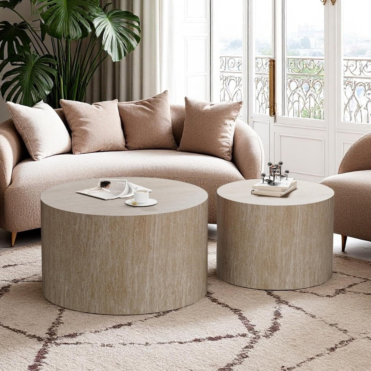 Round Nesting Coffee Table Set of 2 Modern Wood Side End Tables Living Room Beig