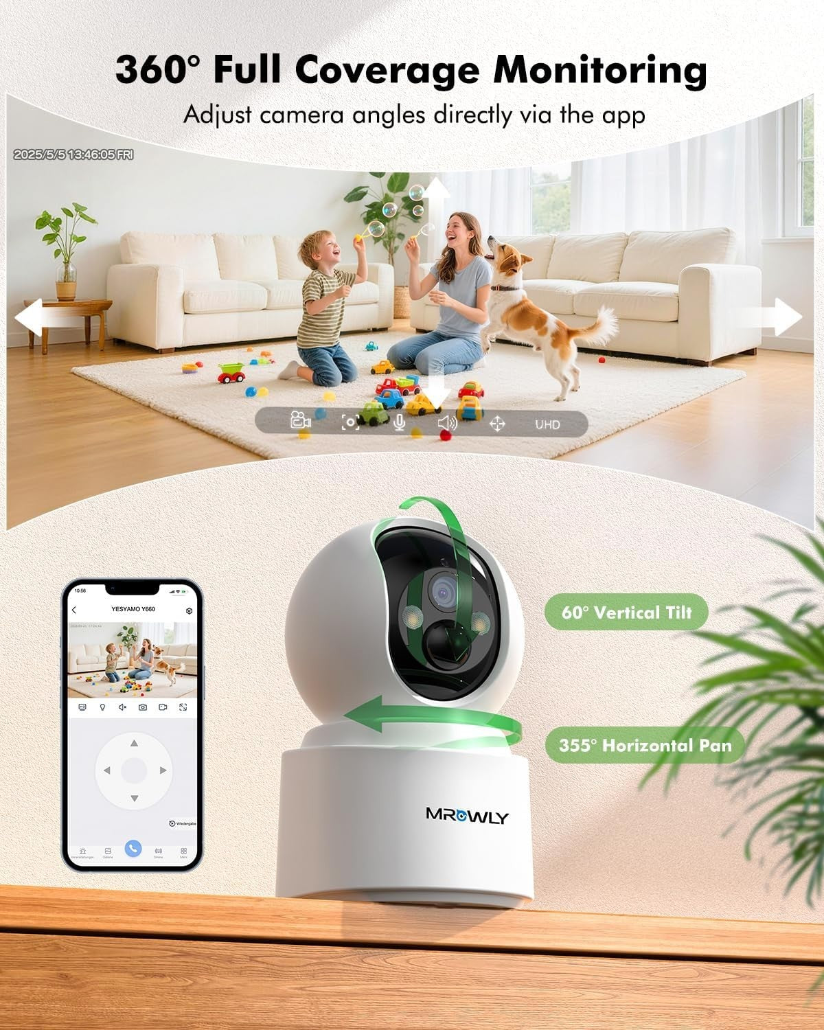 2.5K Battery Indoor Security Camera Wireless Pet Monitor 360° WiFi