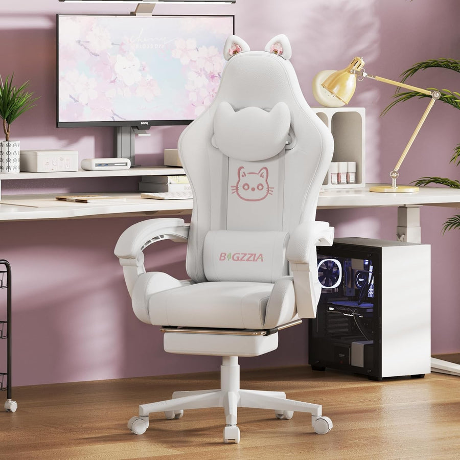 Gaming Chair with Cat Ears Massage Lumbar Recliner White