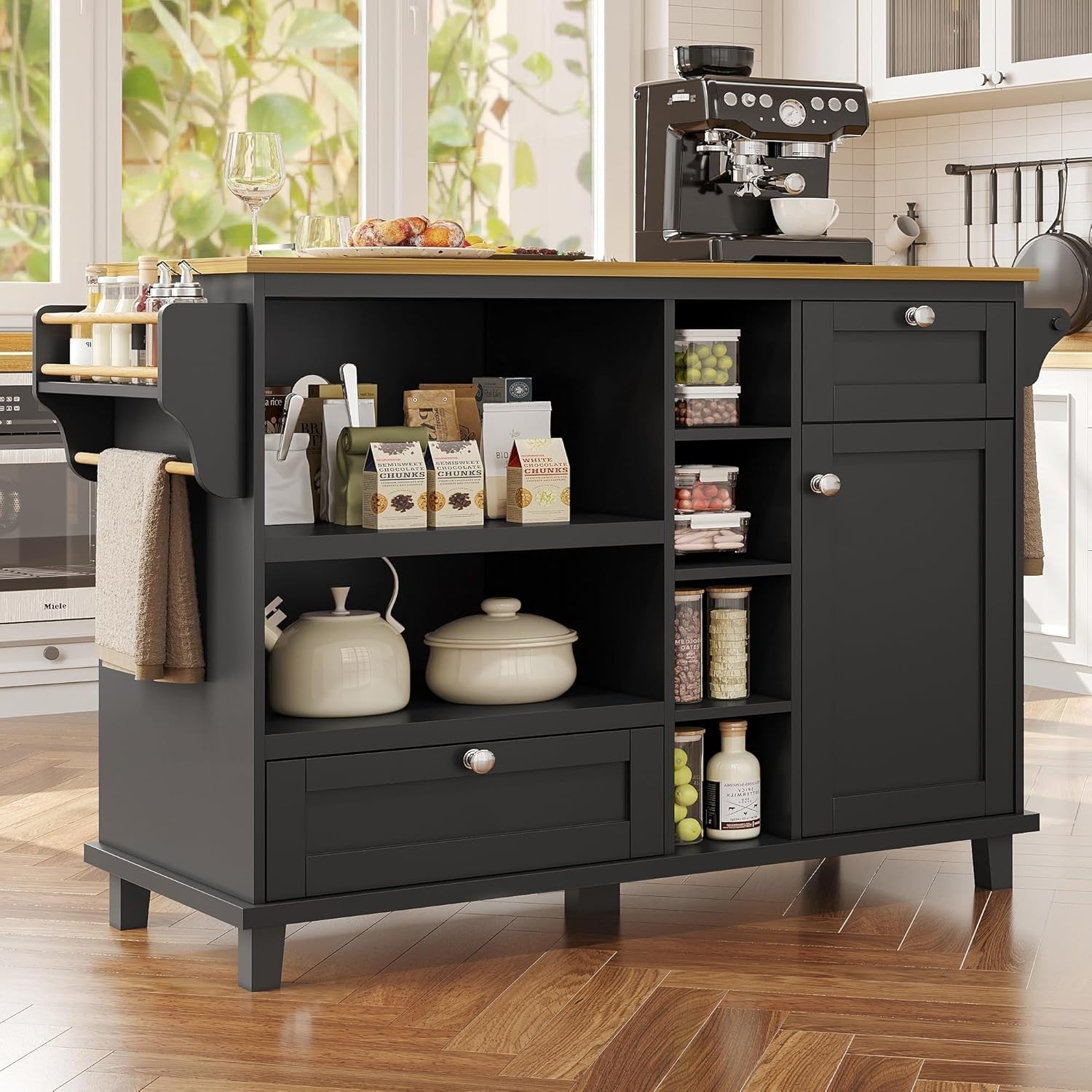 Black Kitchen Island Trolley Cart with Drawers & Storage Cupboards 129cm