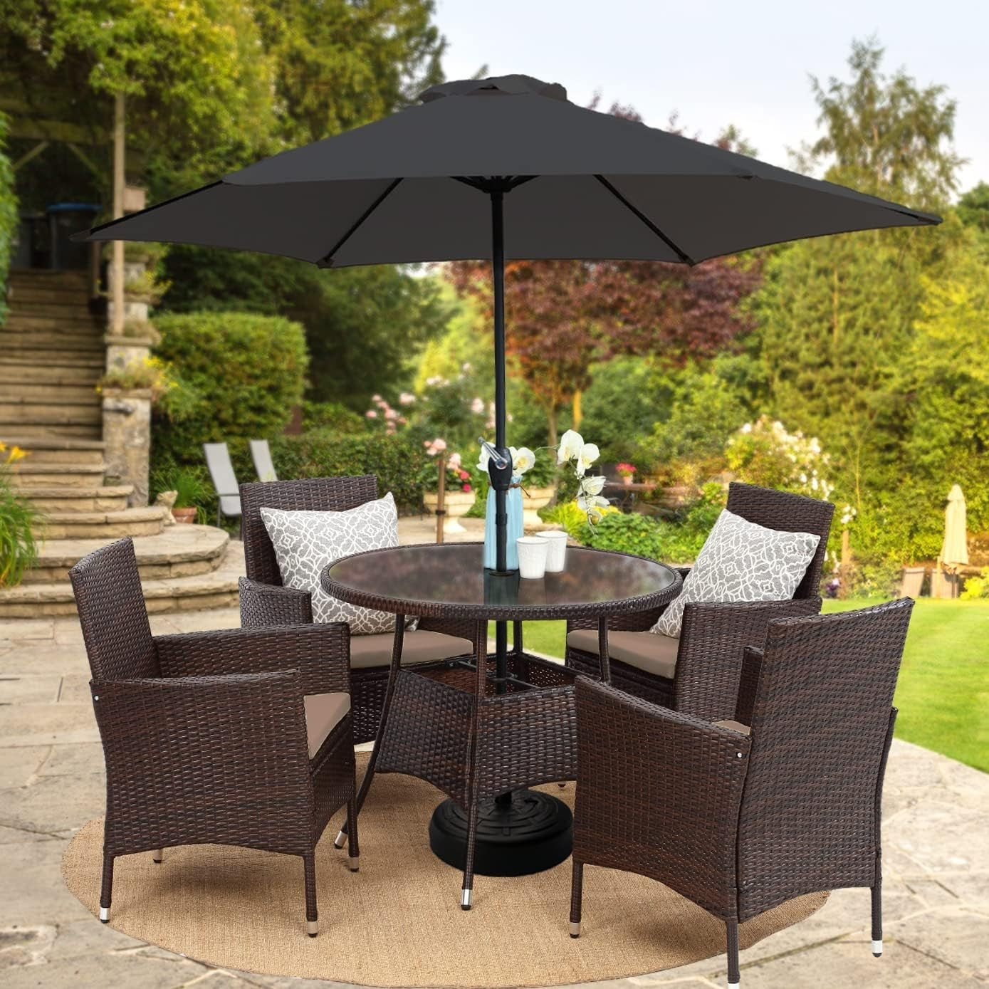 5PC Rattan Garden Dining Set w/ Parasol & Base Outdoor Patio Furniture