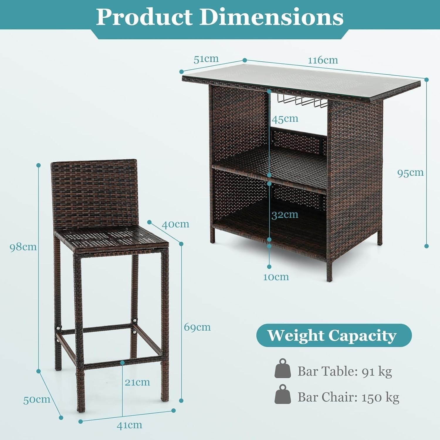 Rattan Bar Table Set with 2 Stools Glass Top Storage Shelves Patio Bistro