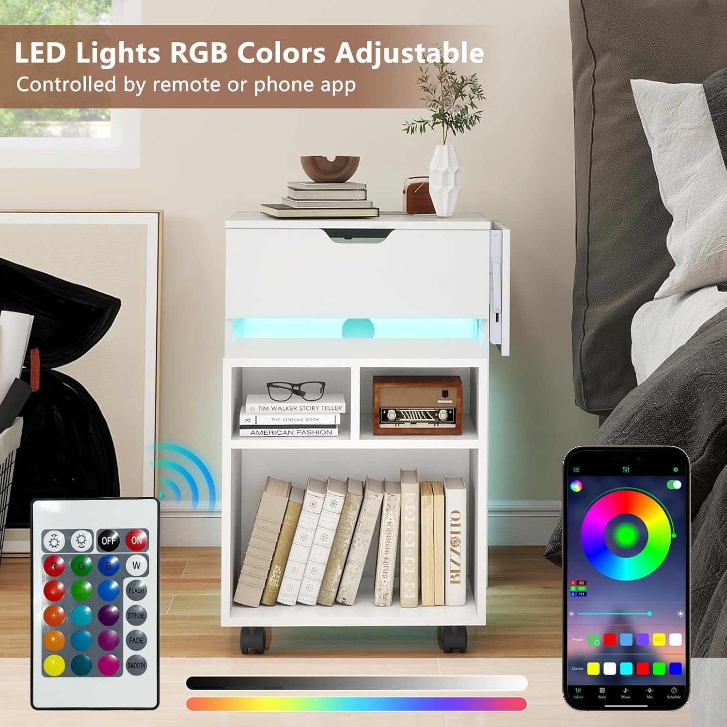 Set of 2 Smart Bedside Tables with LED Light & Charging Station Modern White