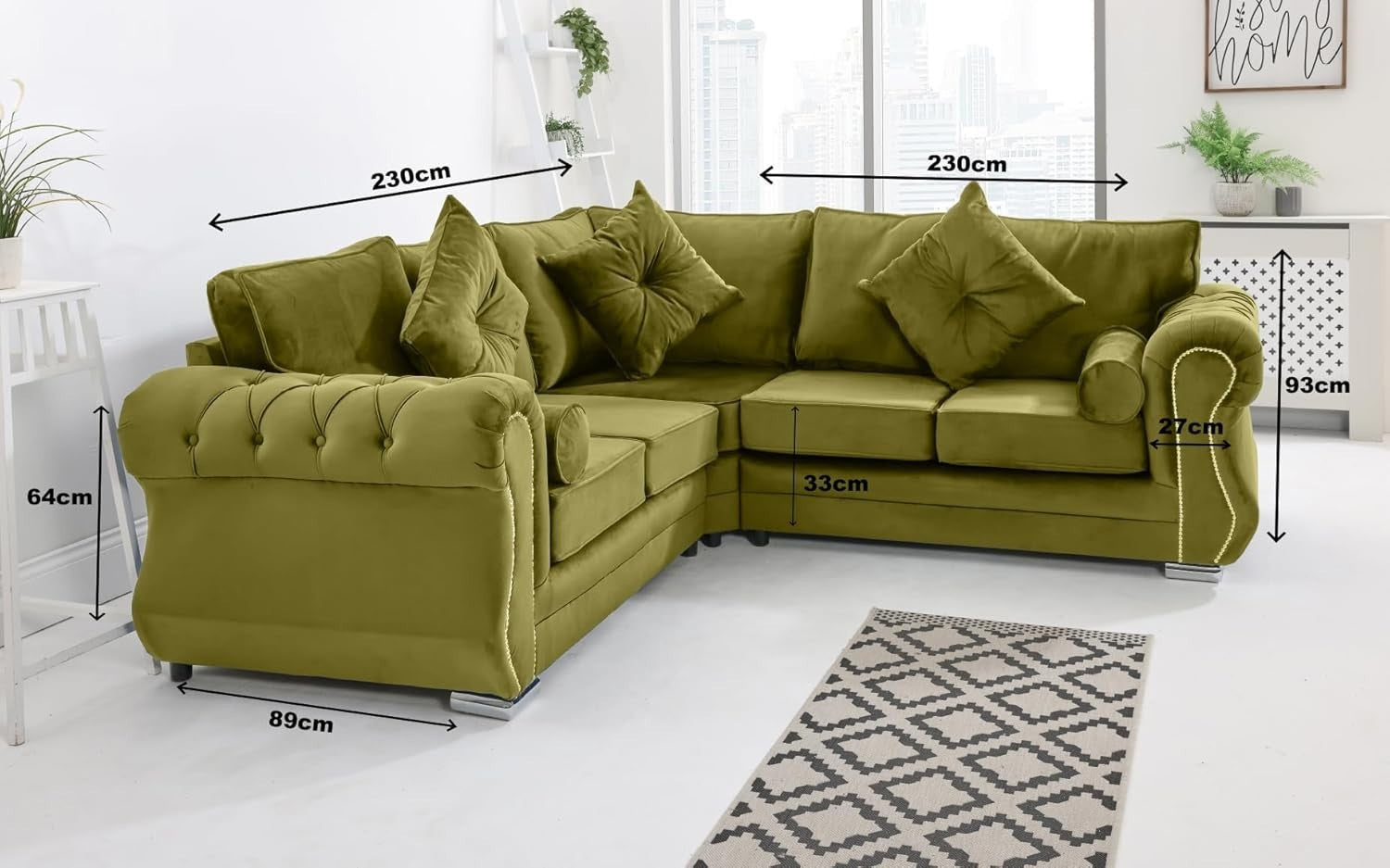 Mink Plush Velvet 5 Seater Corner Sofa with Foam Cushions & Button Tufted
