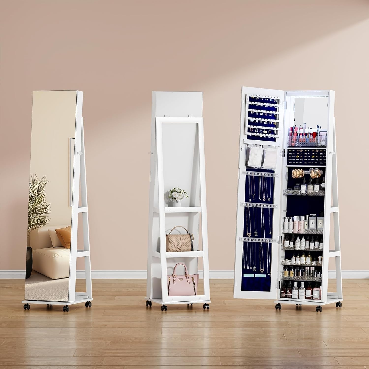 White 360° Rotating Jewellery Cabinet Full Length Mirror with Wheels