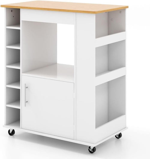 Kitchen Island Trolley on Wheels Bamboo Top Wine Rack Storage Cart