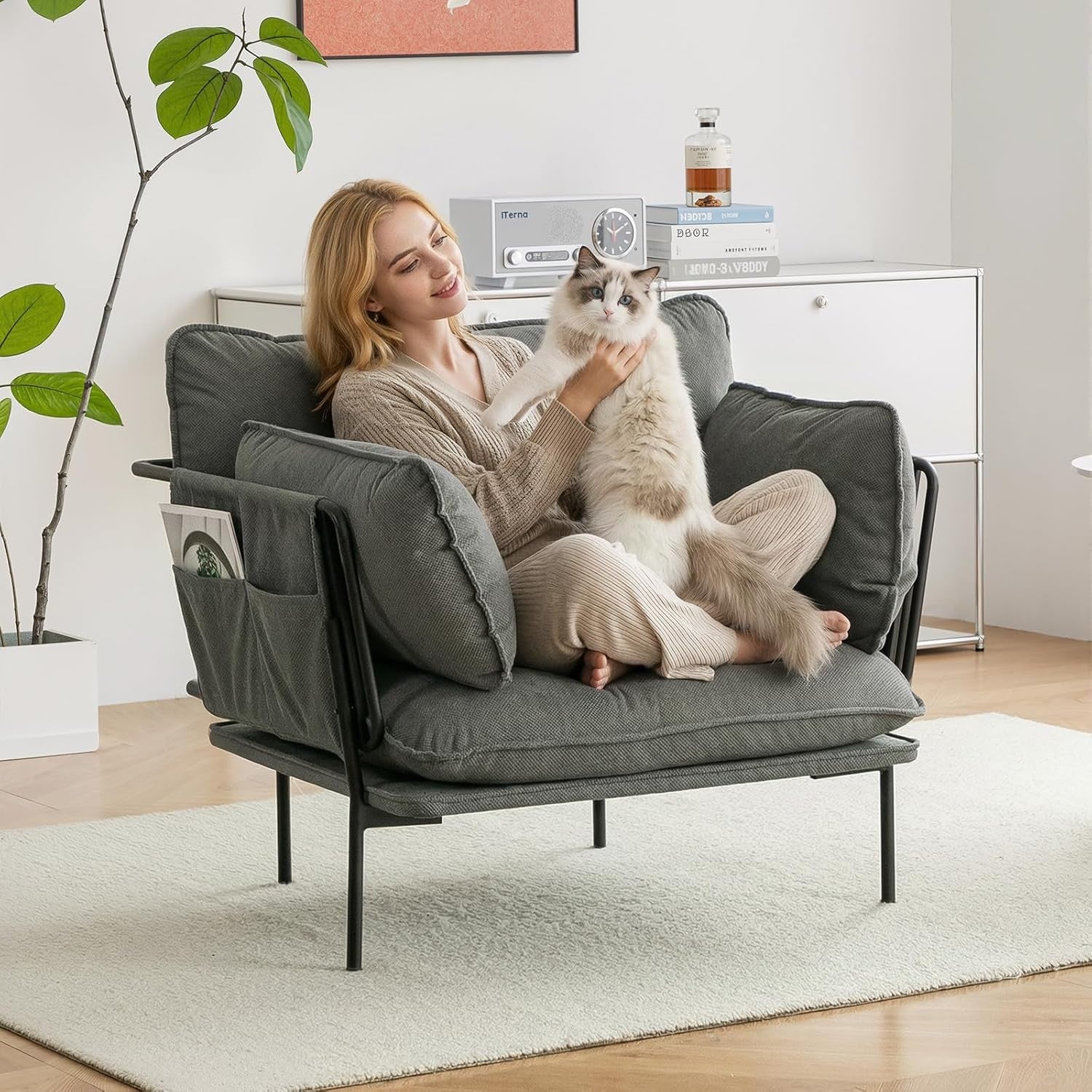 Modern Grey Upholstered Accent Armchair with Metal Frame – Cozy Lounge