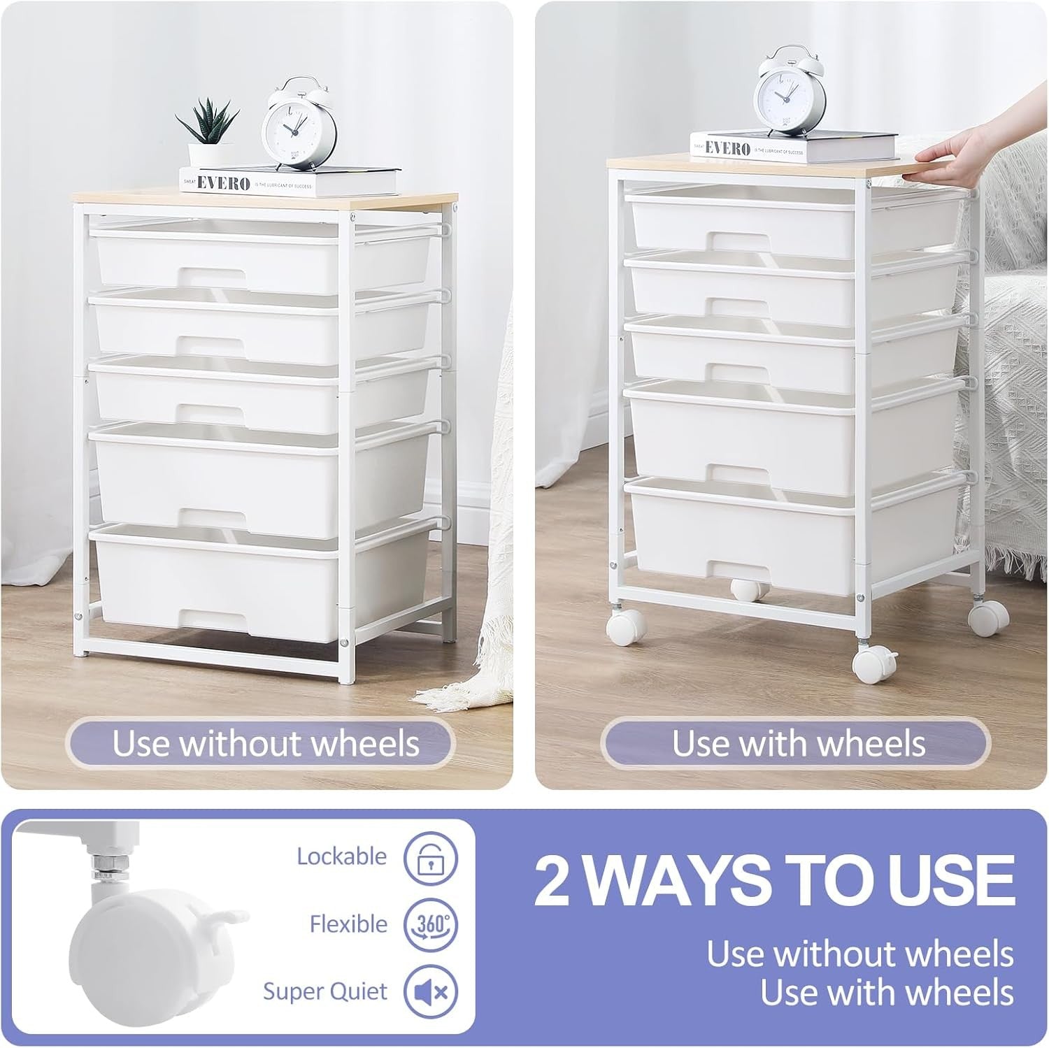 5 Drawer Rolling Storage Trolley Cart with Wheels Utility Organizer White