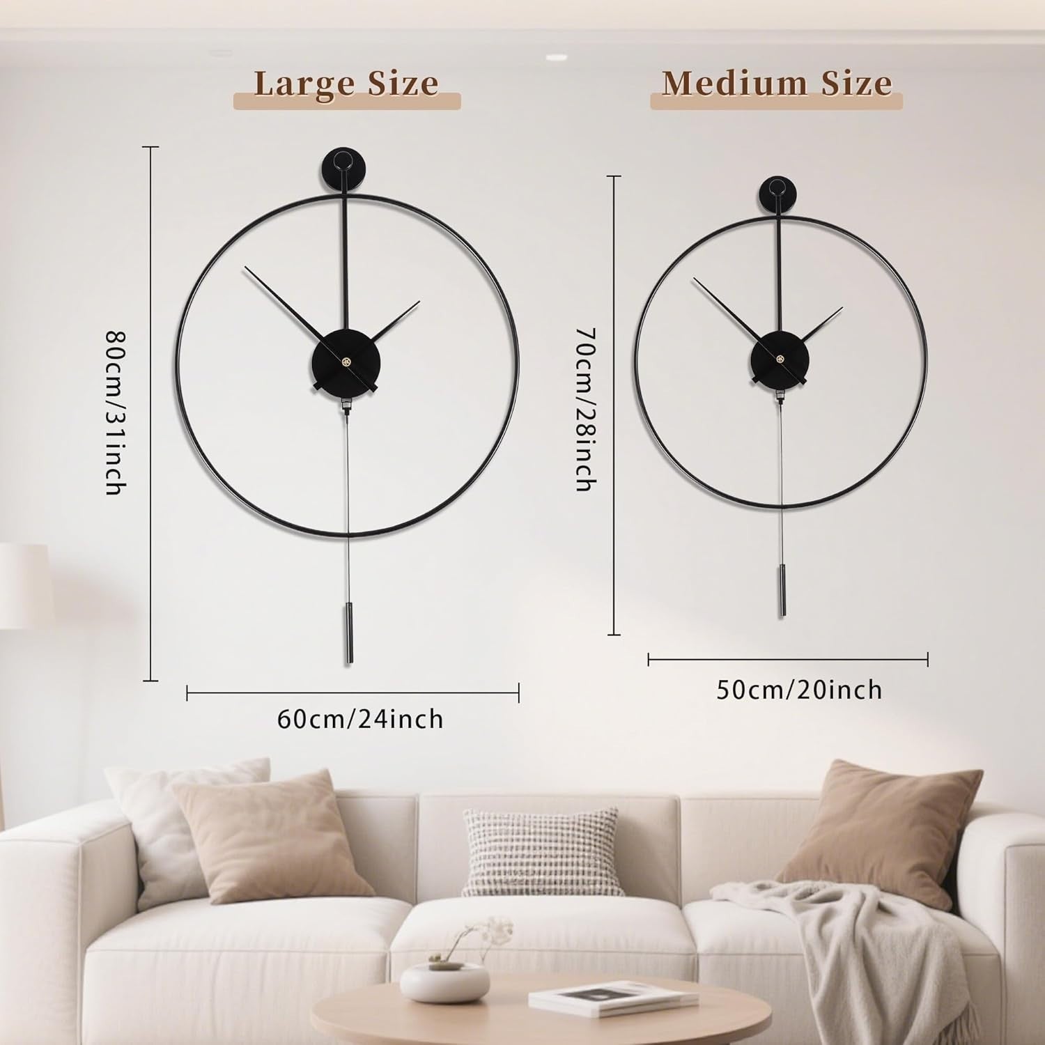 Silent Large 24” Metal Wall Clock with Pendulum - Modern Decor, Non-Ticking