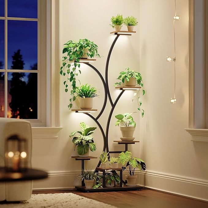 8 Tier Metal Wooden Plant Stand with LED Grow Lights Indoor Tall Flower Shelf