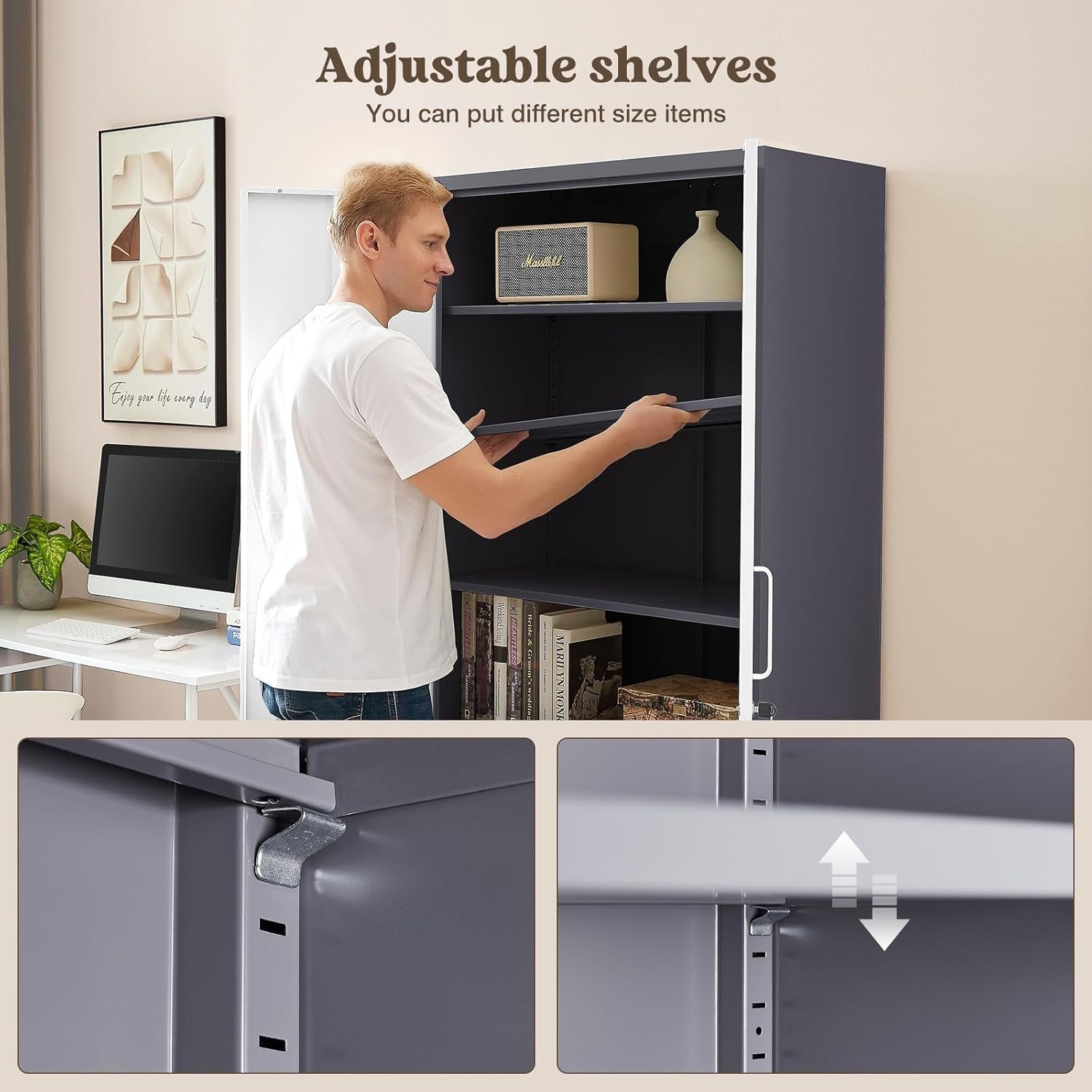 Lockable Metal Storage Cabinet with 2 Doors & 4 Adjustable Shelves, Heavy Duty