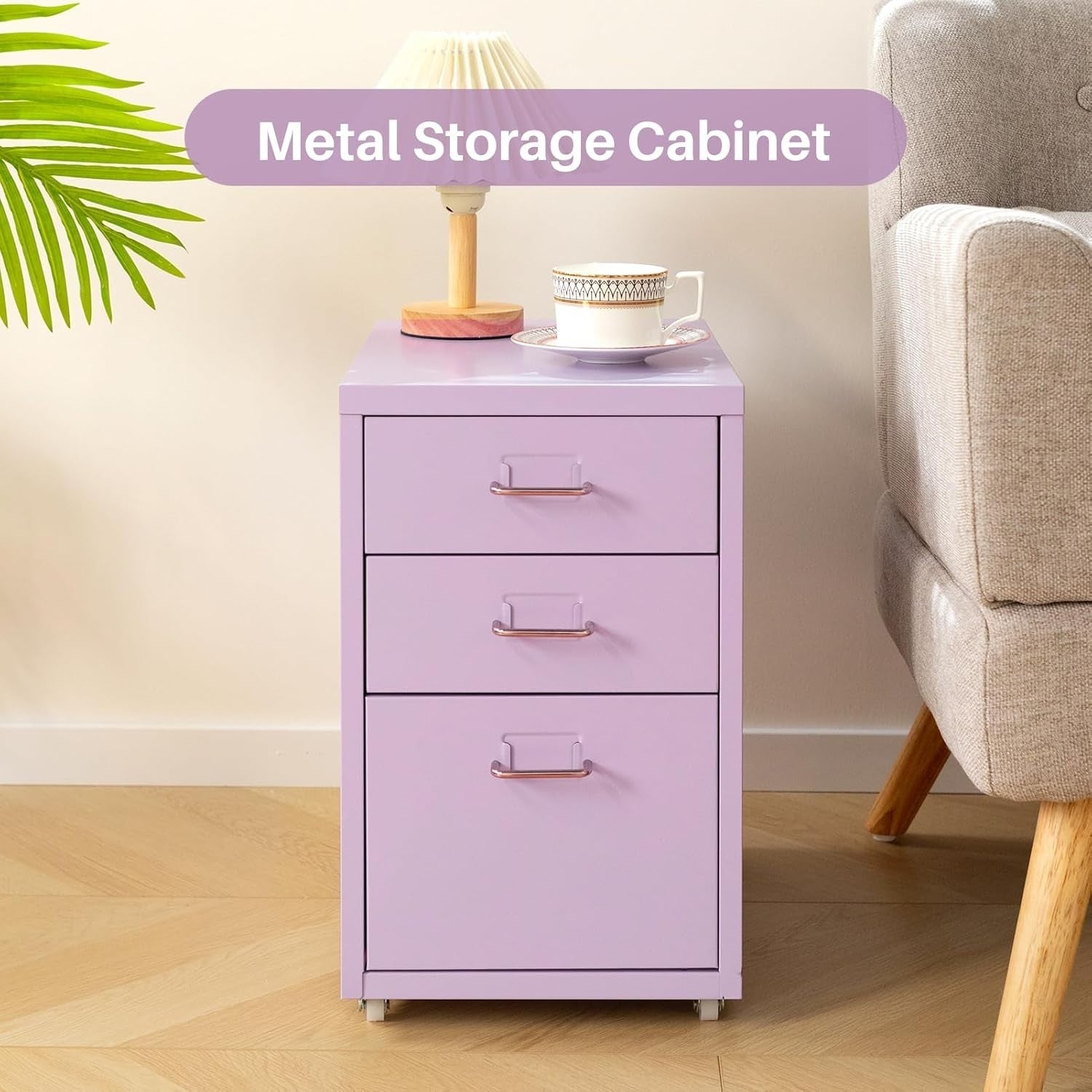 Lavender Metal Rolling Drawer Cabinet 3 Tier Under Desk File Storage