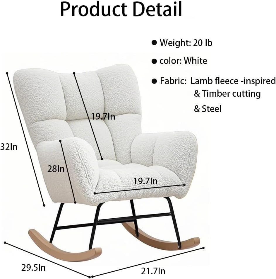 White Bouclé Rocking Chair with Arms, Comfy Sofa Accent Seat 49D x 54W