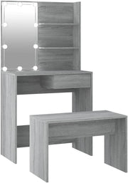 Grey Vanity Dressing Table w/ LED Light & USB Port Mirror Stool Storage Wood