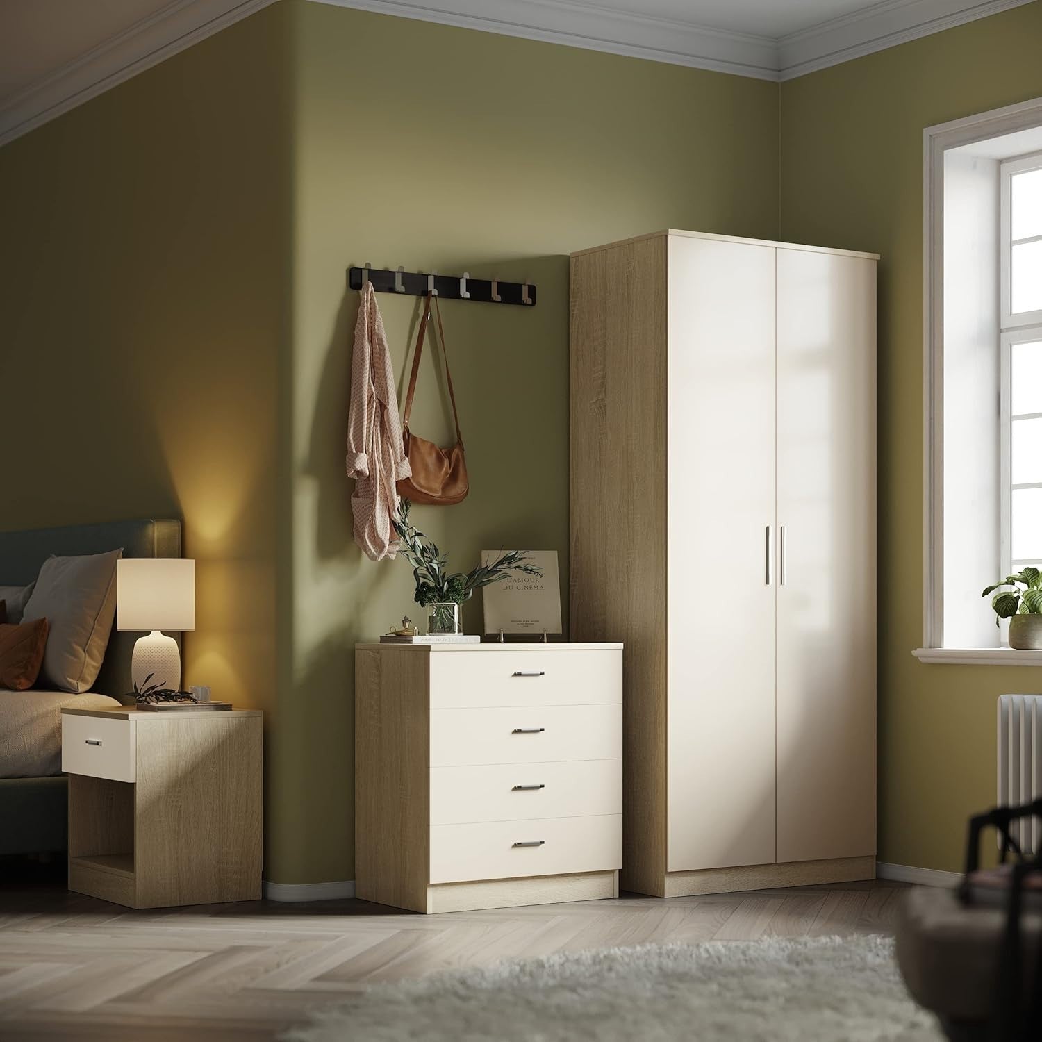 Cream Oak 2 Door Wardrobe Soft Close Hinge High Gloss Storage 178cm