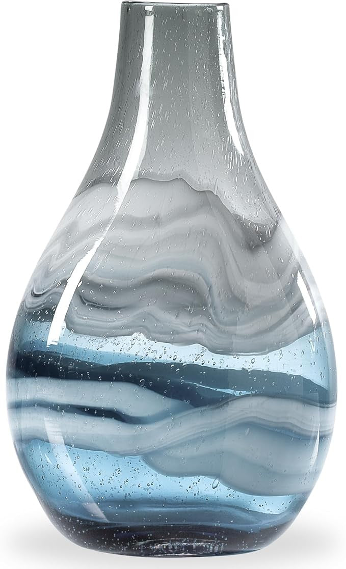 Blue Hand Blown Glass Vase 36cm Tall Modern Coastal Table Centerpiece