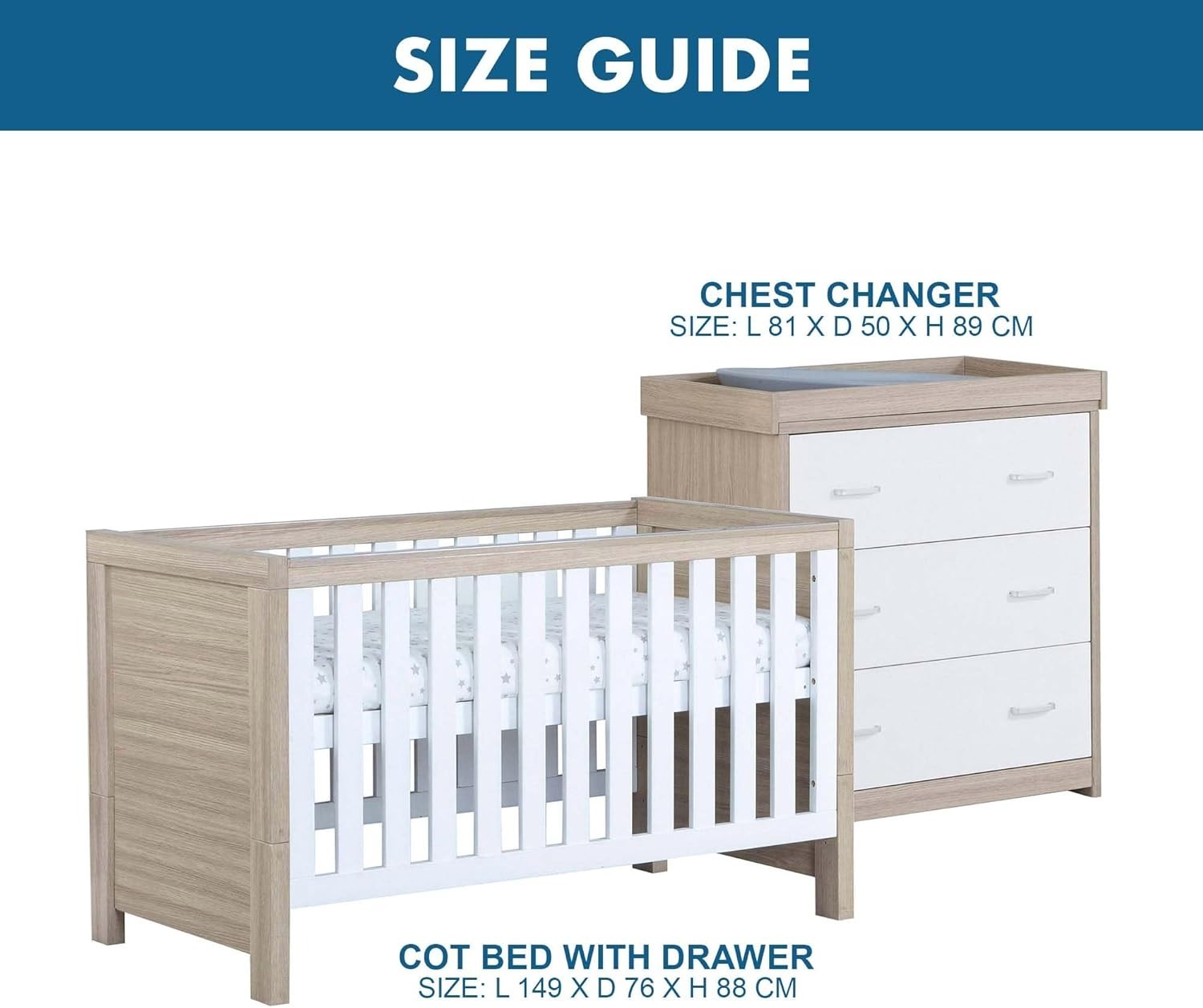 Nursery Furniture Set Cot Bed Wardrobe Chest Drawers Solid Wood White Oak 2Pcs