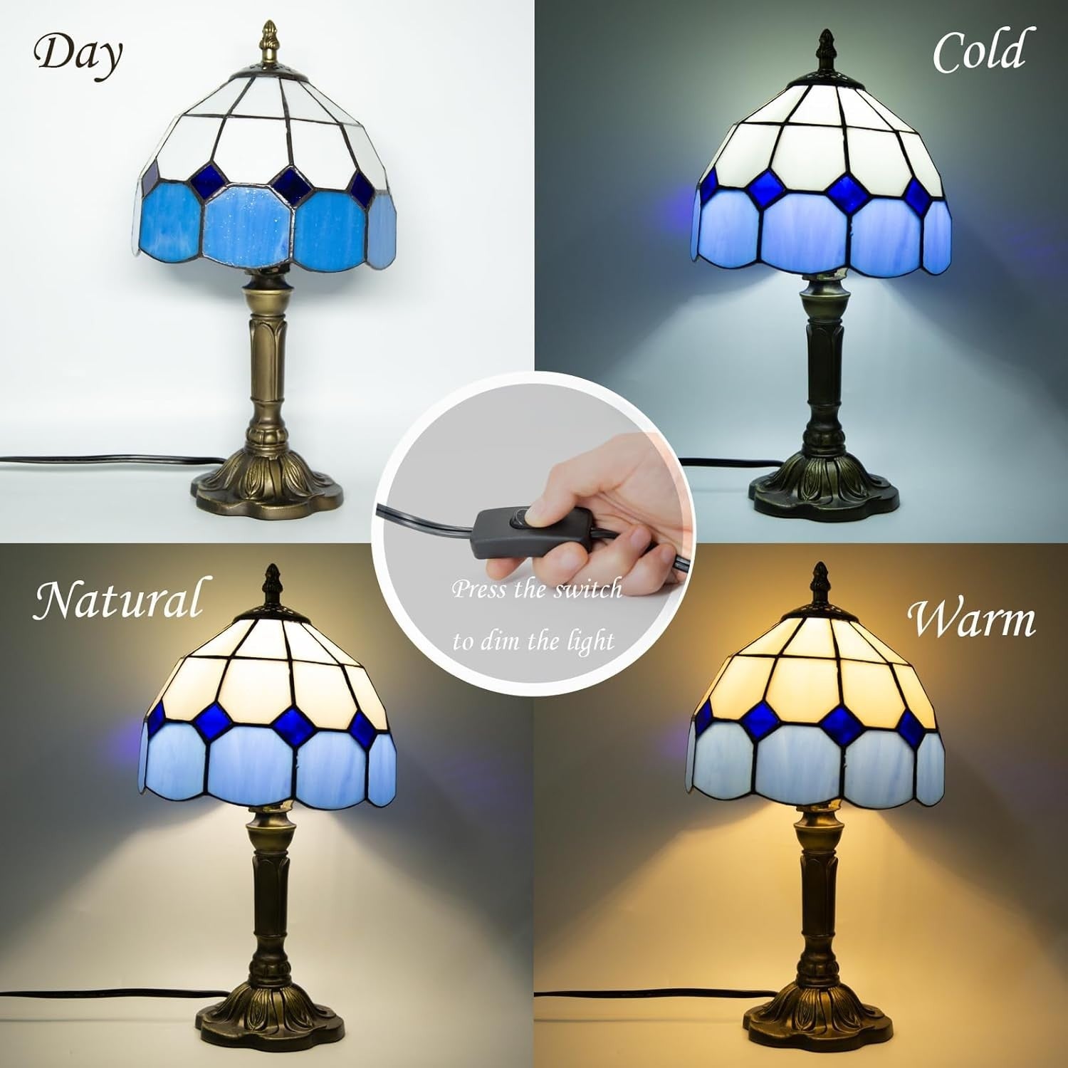 Blue Tiffany Style Stained Glass Table Lamp, 3-Color Dimmable E27 Bulb