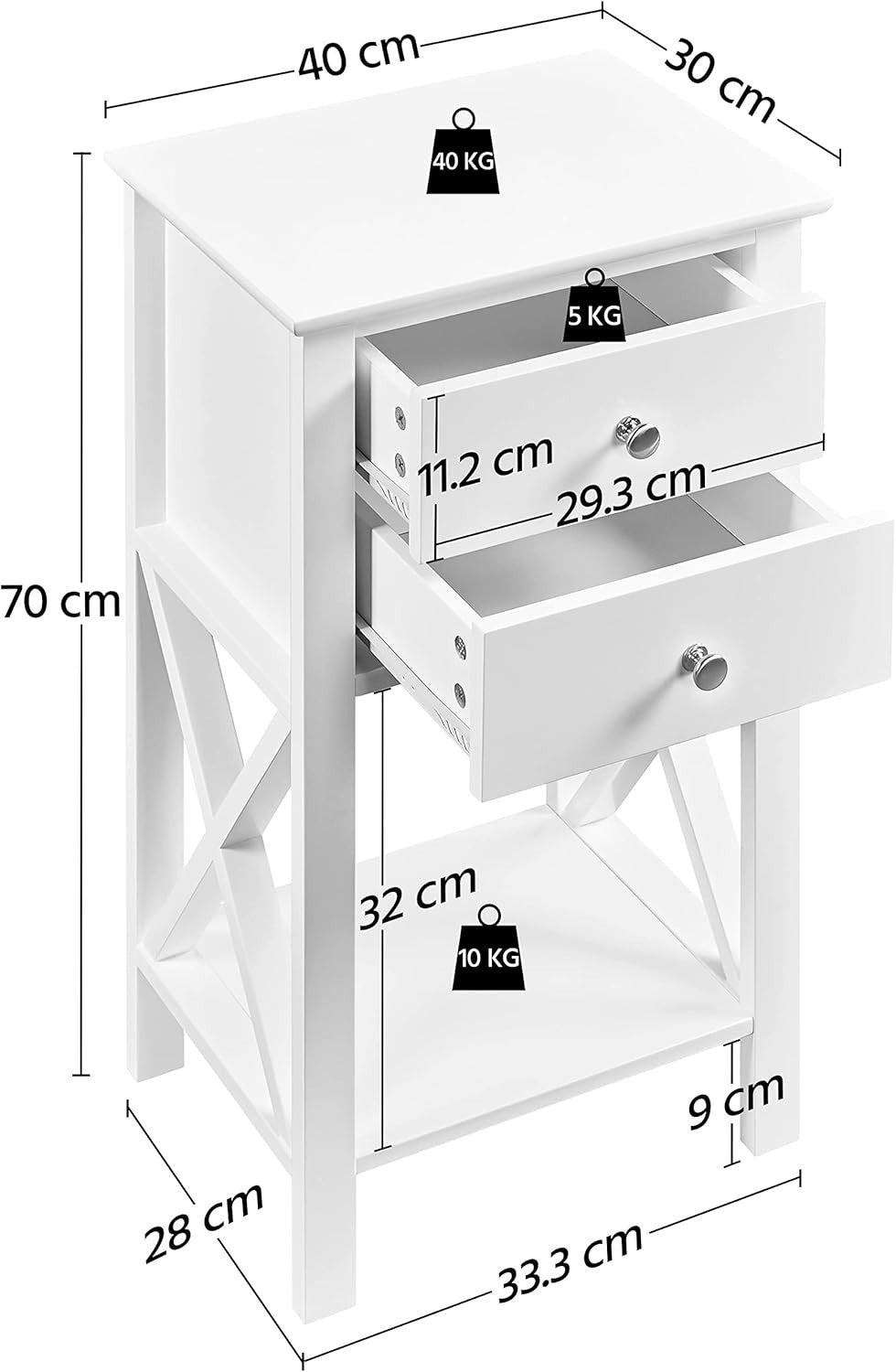Set of 2 Tall White Bedside Tables with 2 Drawers & Shelf | Slim X-Frame