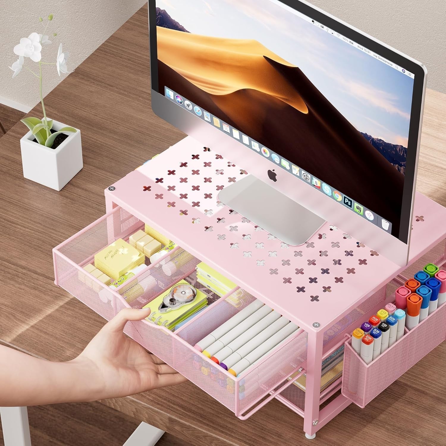 2-Tier Pink Desktop Printer Stand with Drawer, Pen & Paper Organizer