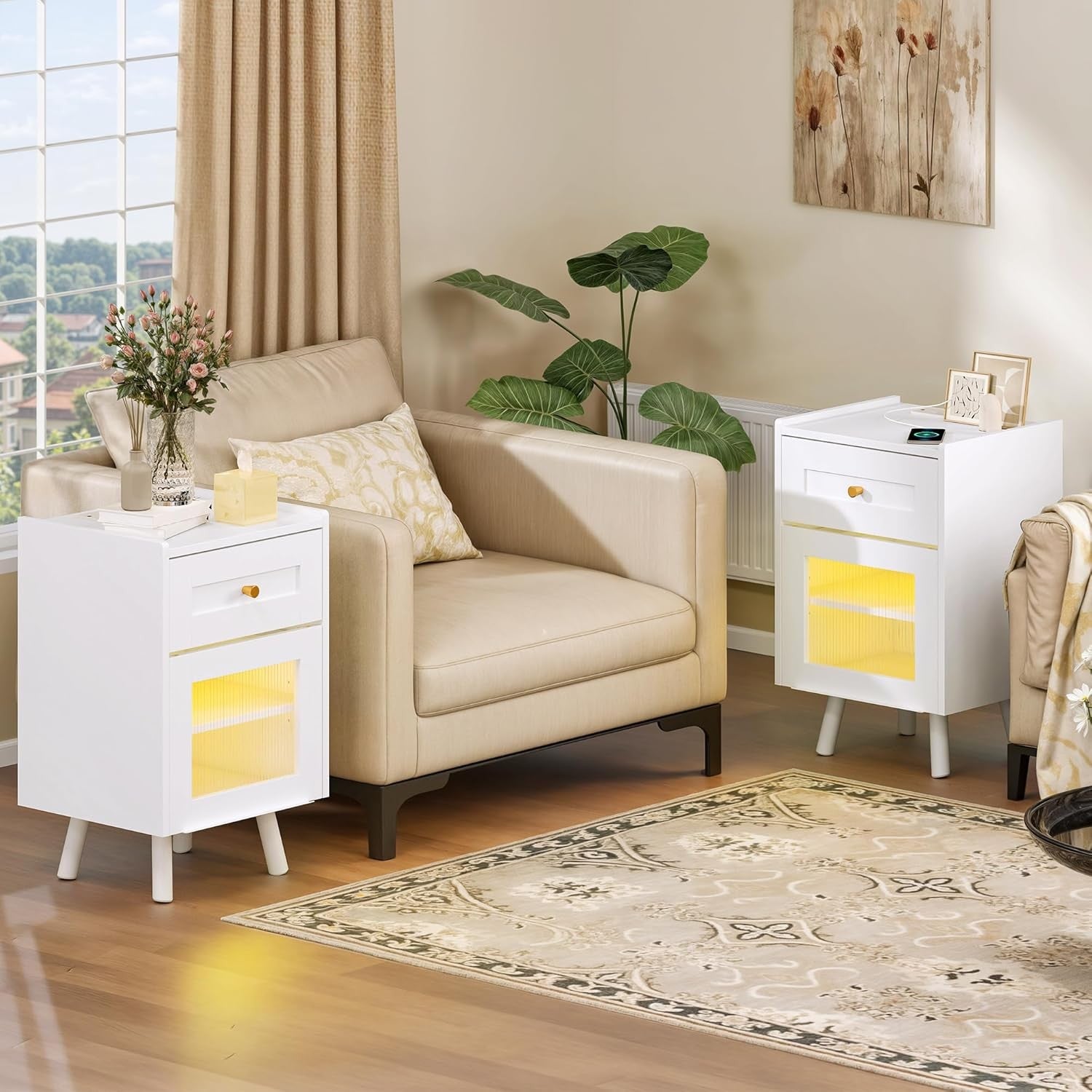 White LED Bedside Table | Nightstand with Drawer & Adjustable Shelf 40×62cm