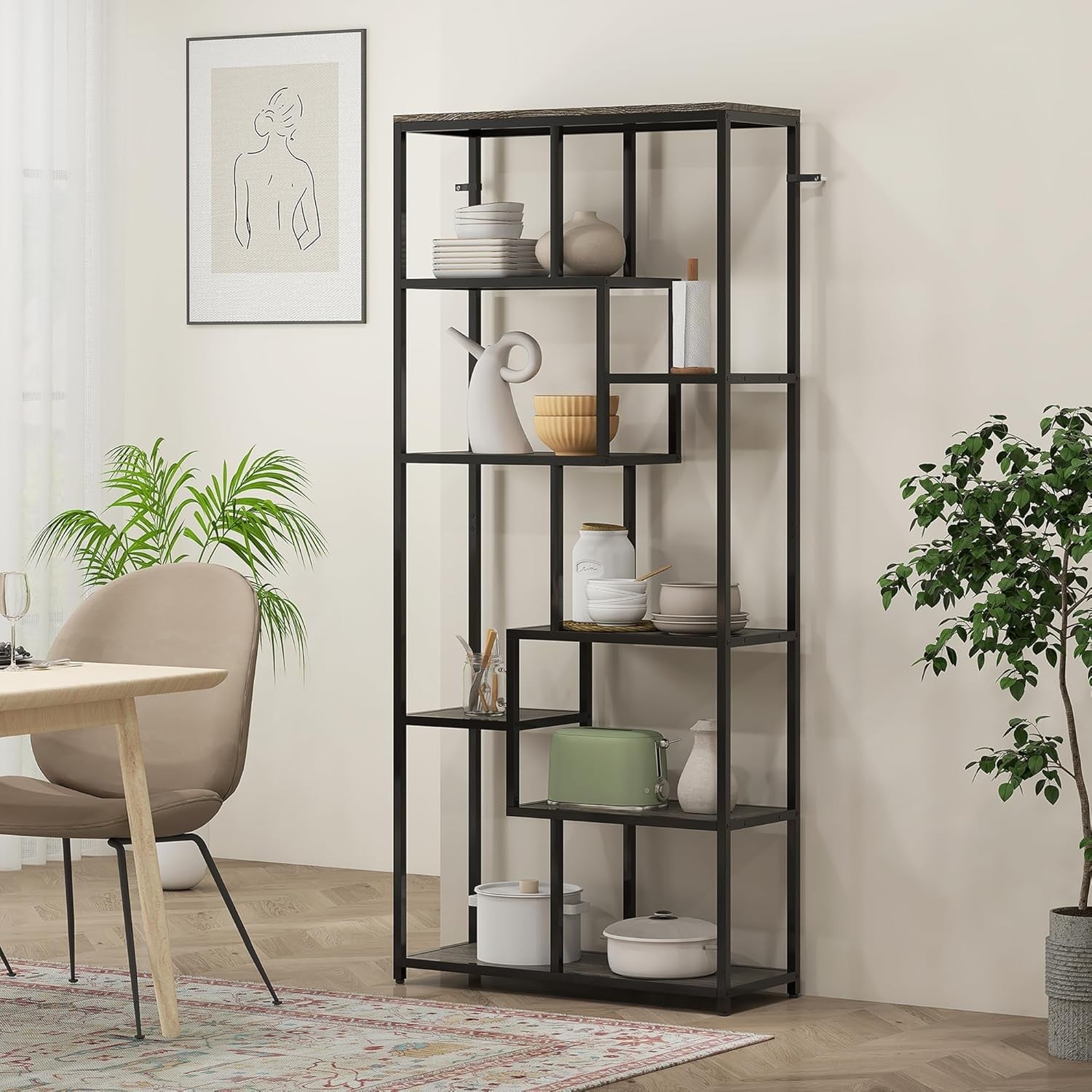 7-Tier Industrial Bookcase | Grey & Black Geometric Shelf Unit for Home & Office