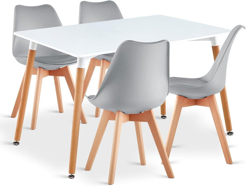 White Dining Table & 4 Soft Padded Chairs Set Modern Space-Saving Kitchen