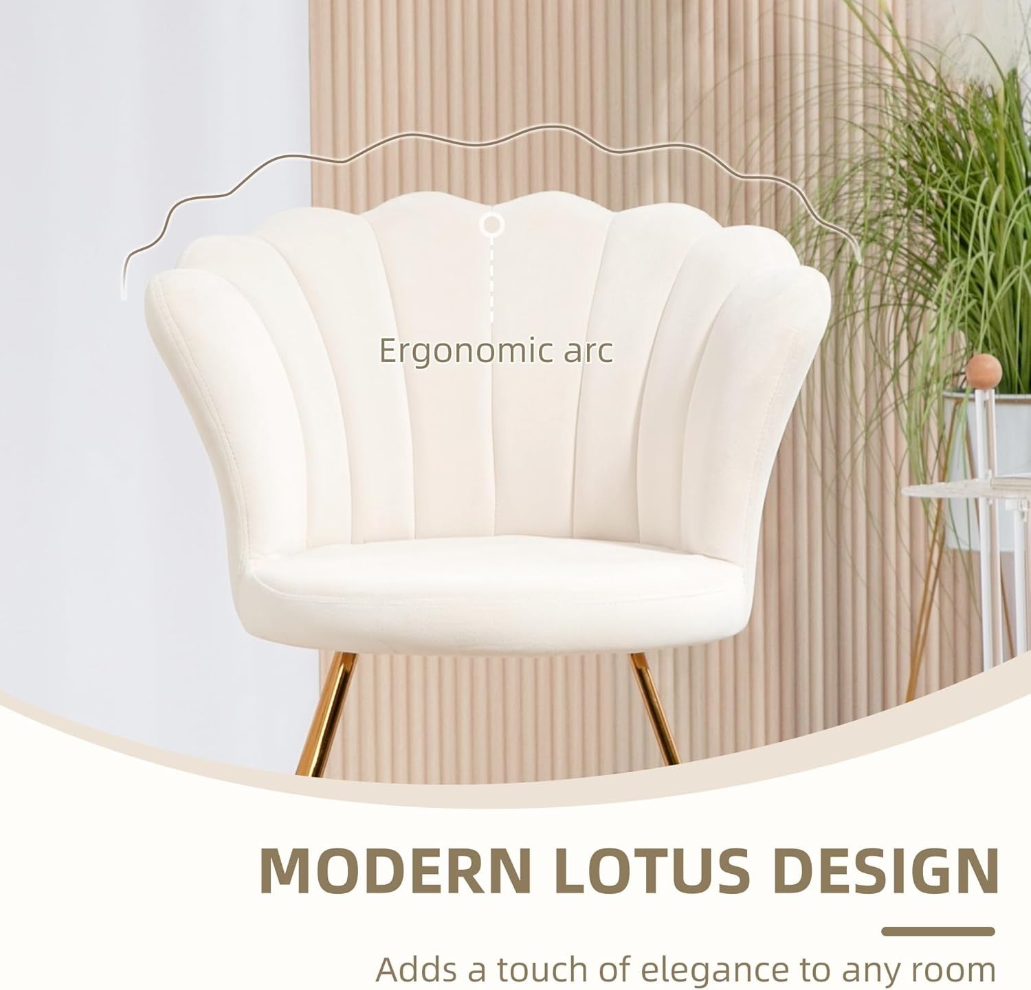 Cream Velvet Tufted Armchair Lotus Backrest Tub Chair Gold Legs