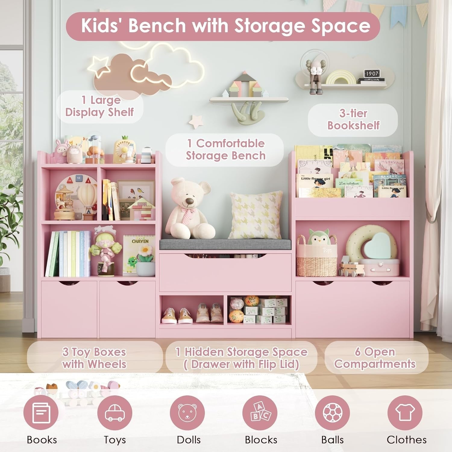 Kids Toy Storage Unit with Bench, 3 Drawers & 7 Shelves – Pink Organizer