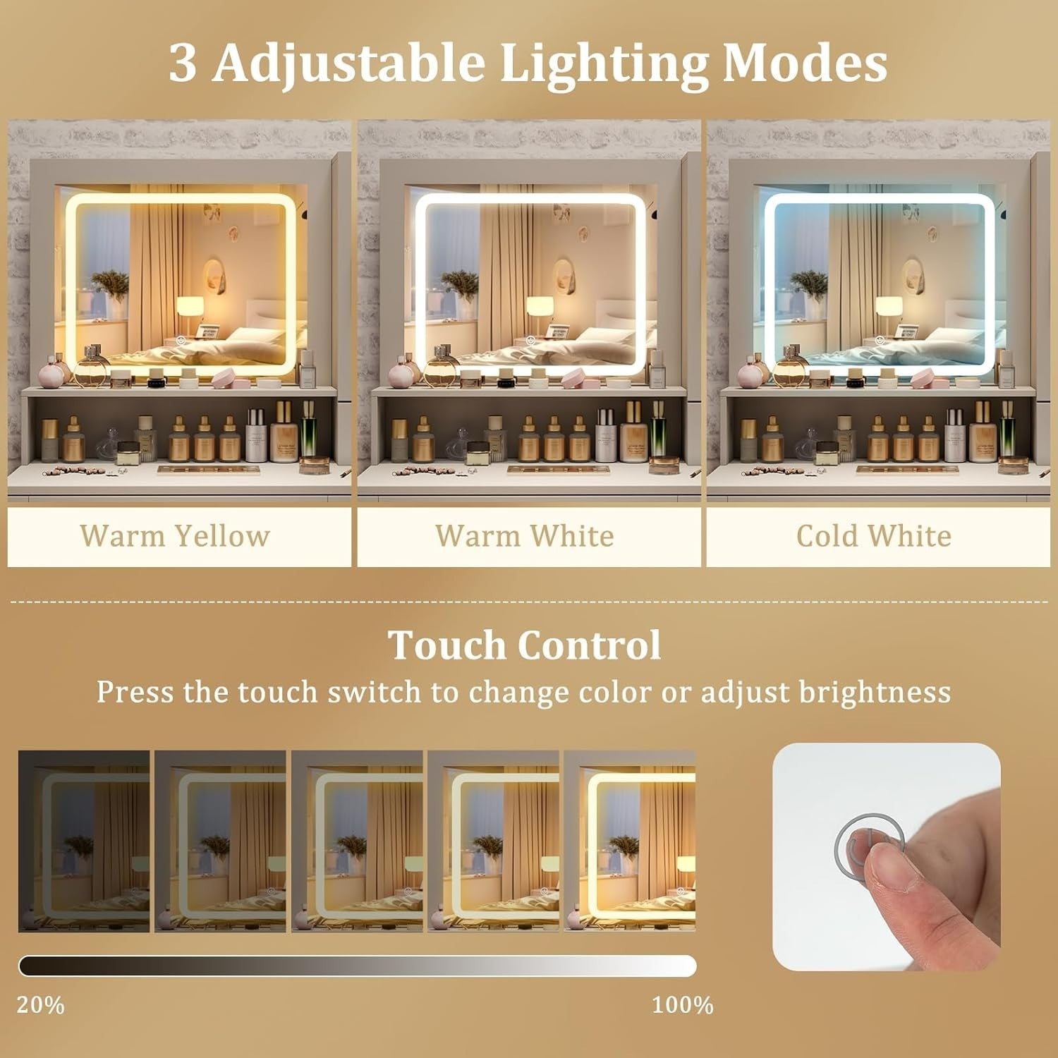 White Vanity Makeup Table Set with LED Lighted Mirror & Charging Station