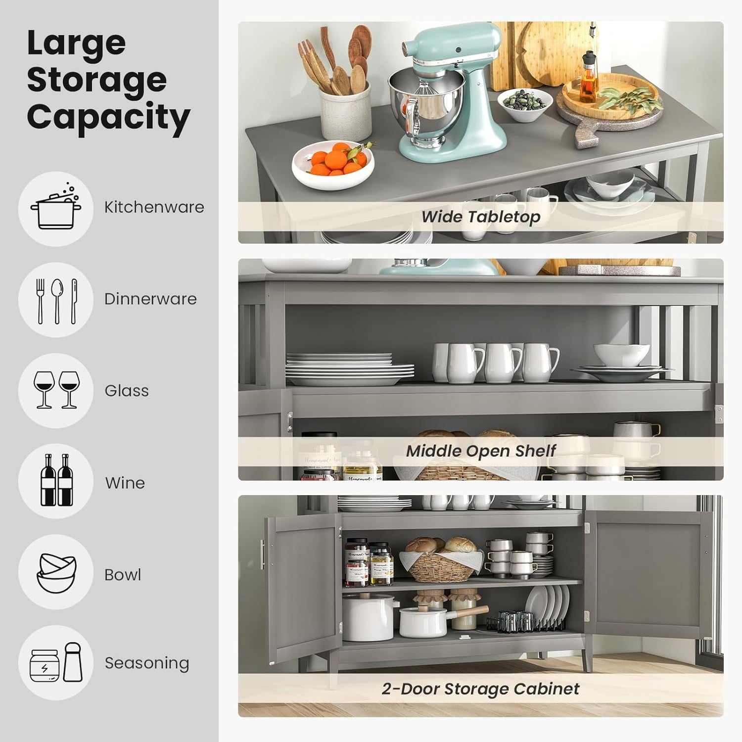 Gray Adjustable Shelf Sideboard Storage Cabinet Kitchen Dining Cupboard