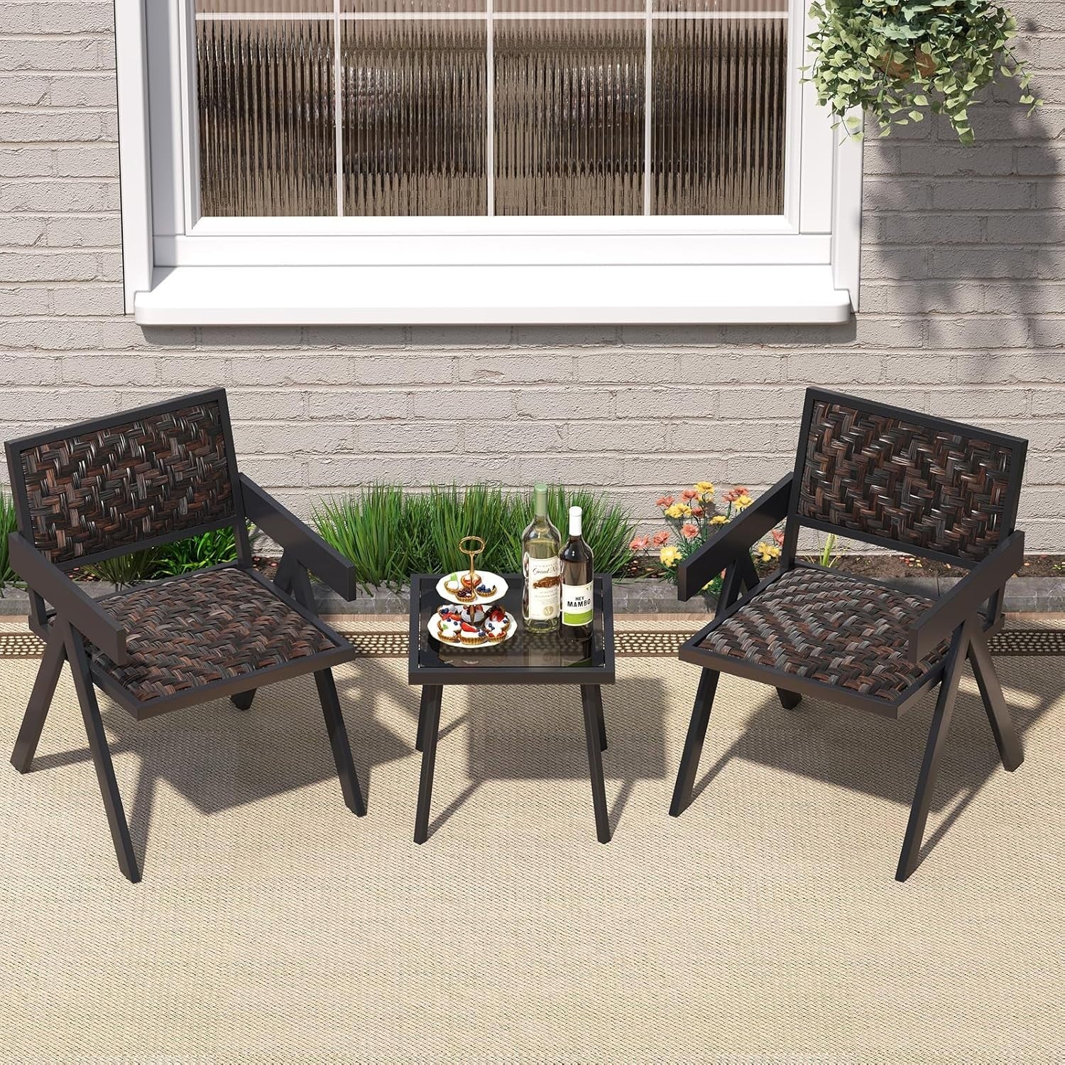 Compact Outdoor Rattan Bistro Set Quick-Dry Chairs Coffee Table Patio
