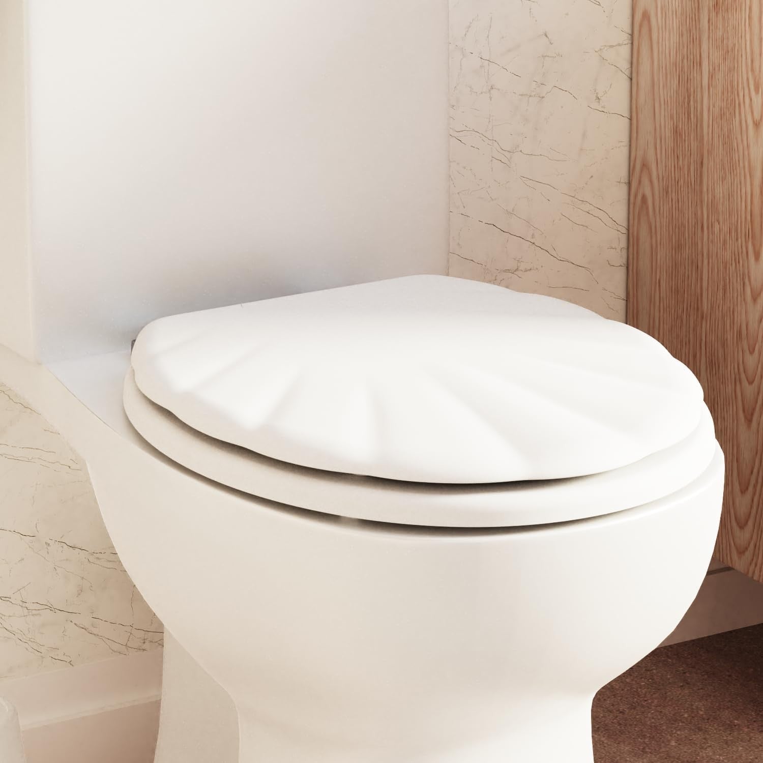 Shell White Wooden Toilet Seat Gloss Antibacterial Stick ‘N’ Lock Hinges