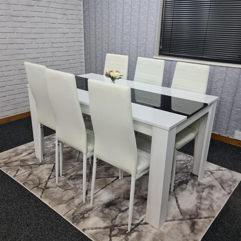 White Black Dining Table Set with 6 Leather Chairs Modern MDF 140cm