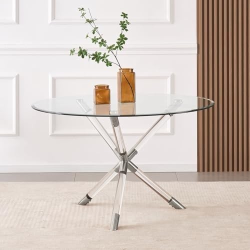 Round Glass Dining Table 100cm Silver Acrylic Legs Modern Kitchen Table