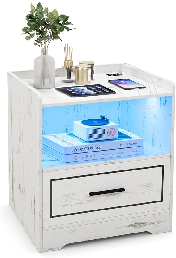 LED Bedside Table with Wireless Charging, Drawer & Open Shelf – Modern White