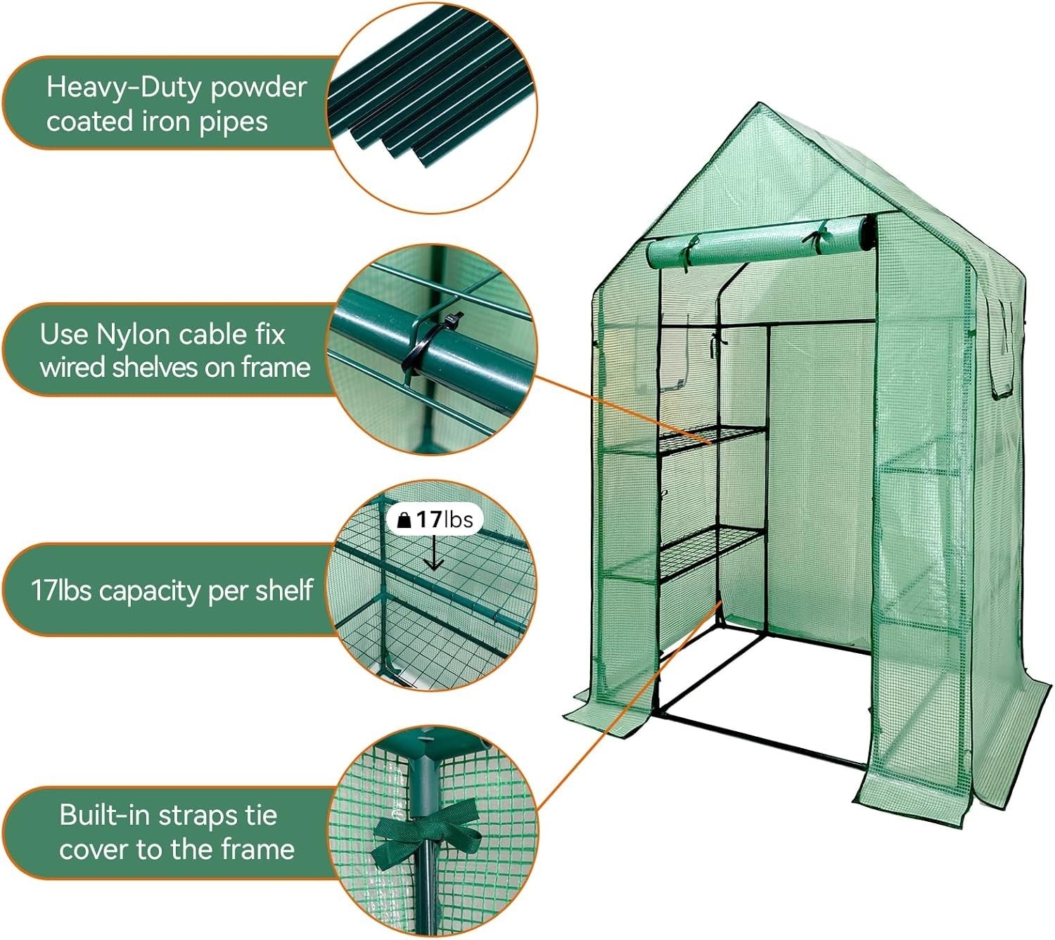 Walk-In Greenhouse 6 Shelves | Heavy-Duty Steel Frame | Reinforced PE Cover