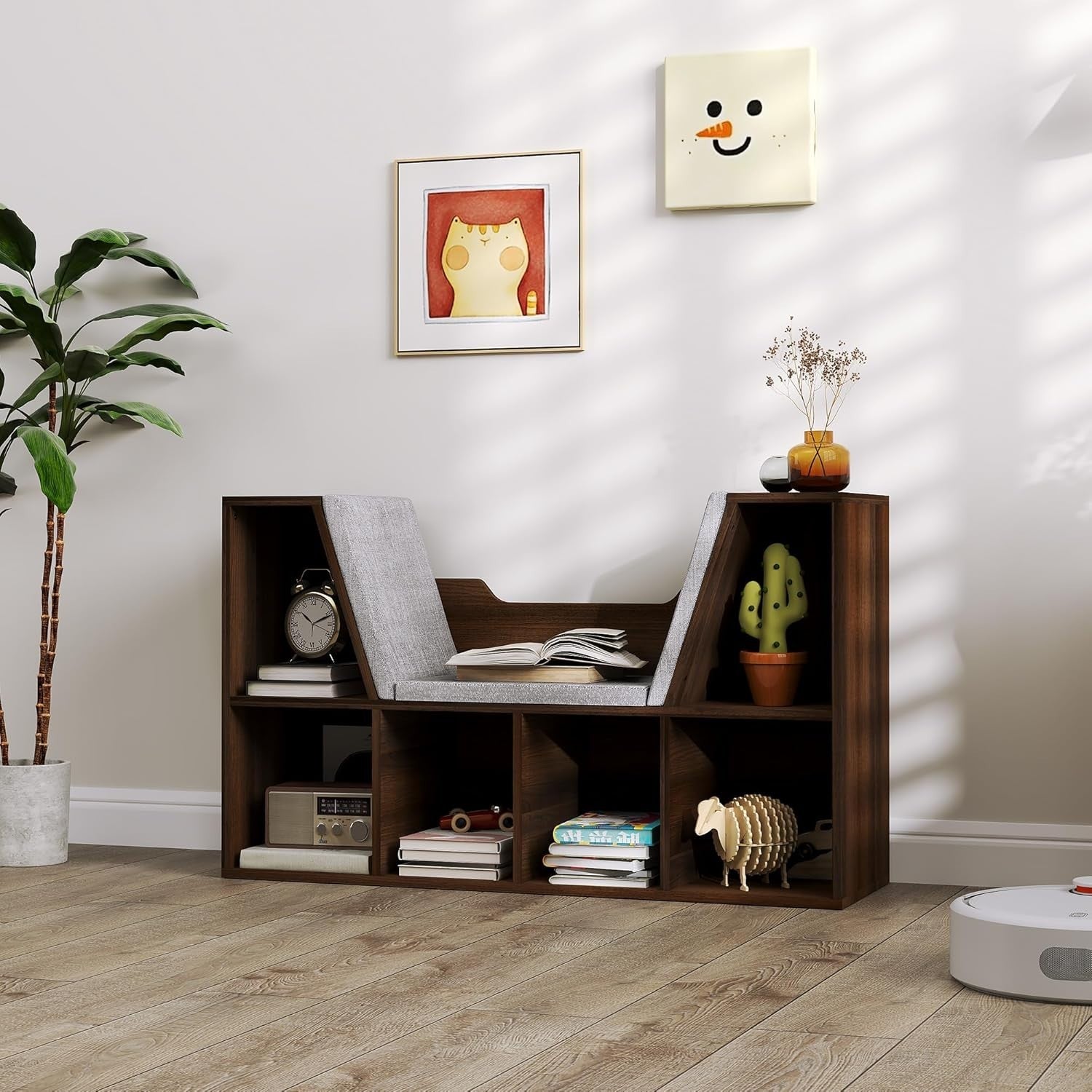 Bookcase with Cushioned Reading Seat 6 Cube Storage Bench Chestnut