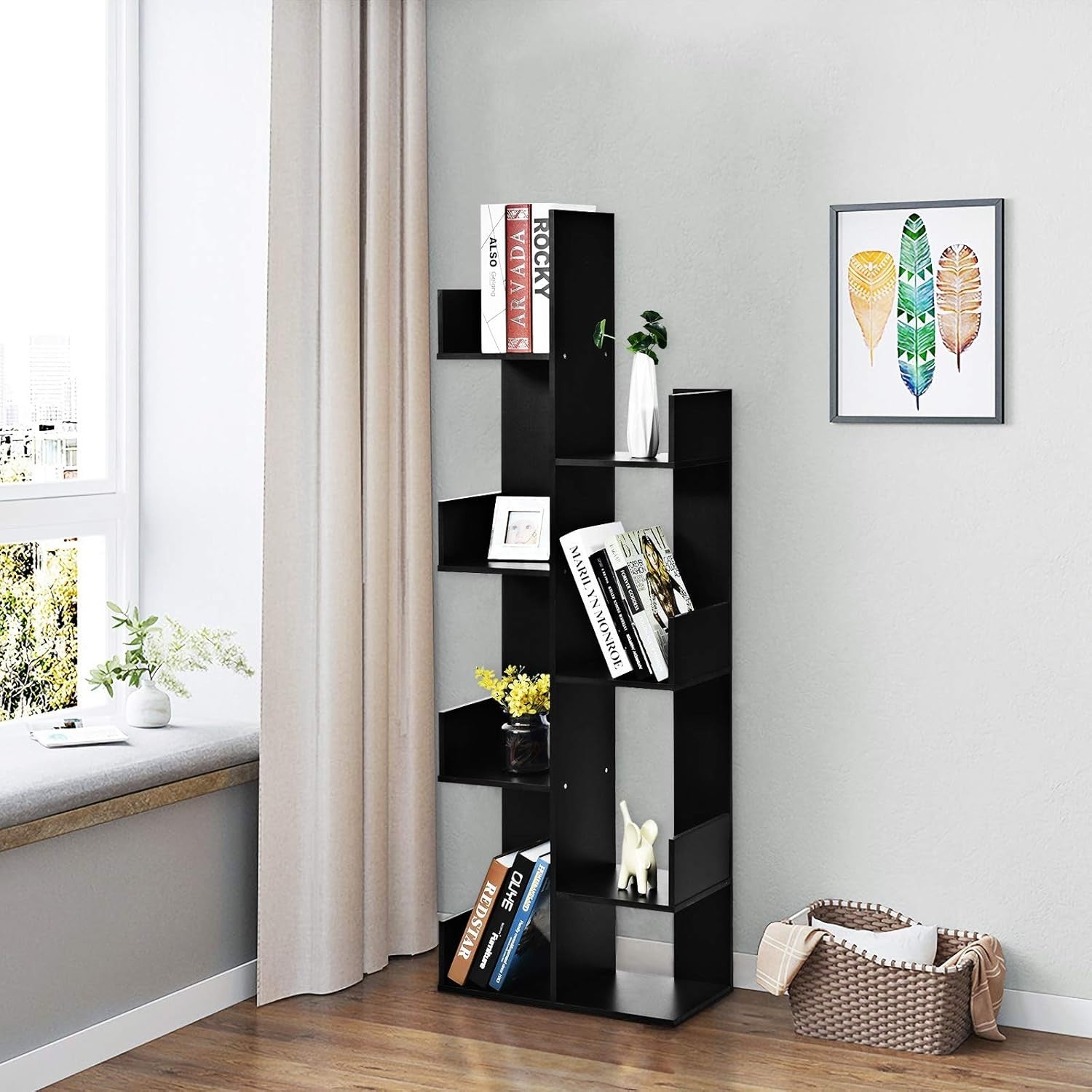 8-Tier Tree Bookshelf Modern Freestanding Bookcase Storage Unit Black Shelves