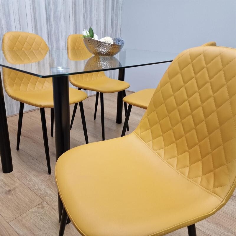 Glass Dining Table Set with 4 Mustard Faux Leather Chairs for Kitchen