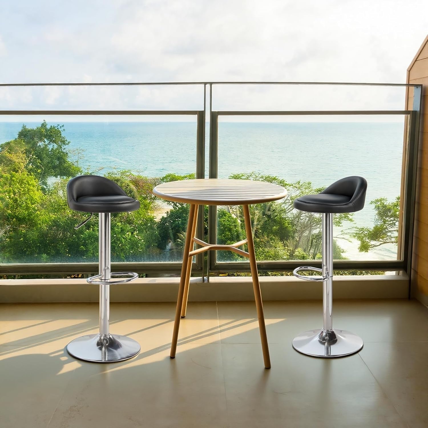 Black Faux Leather Bar Stool Set of 2 Round Armless Adjustable Swivel Chairs