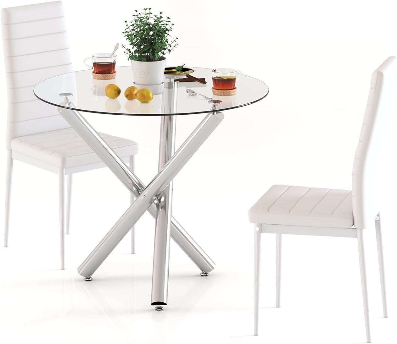 90cm Round Glass Dining Table Set with 2 White Faux PU Chairs